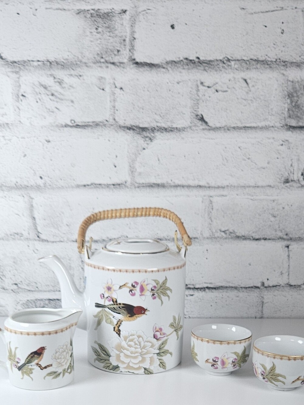 Vintage Asian Bird Floral Porcelain Tea Set Teapot Creamer Cups